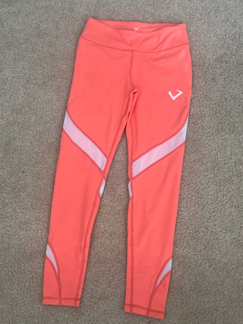 Vibrant Orange Athletic Leggings with White Mesh Paneling